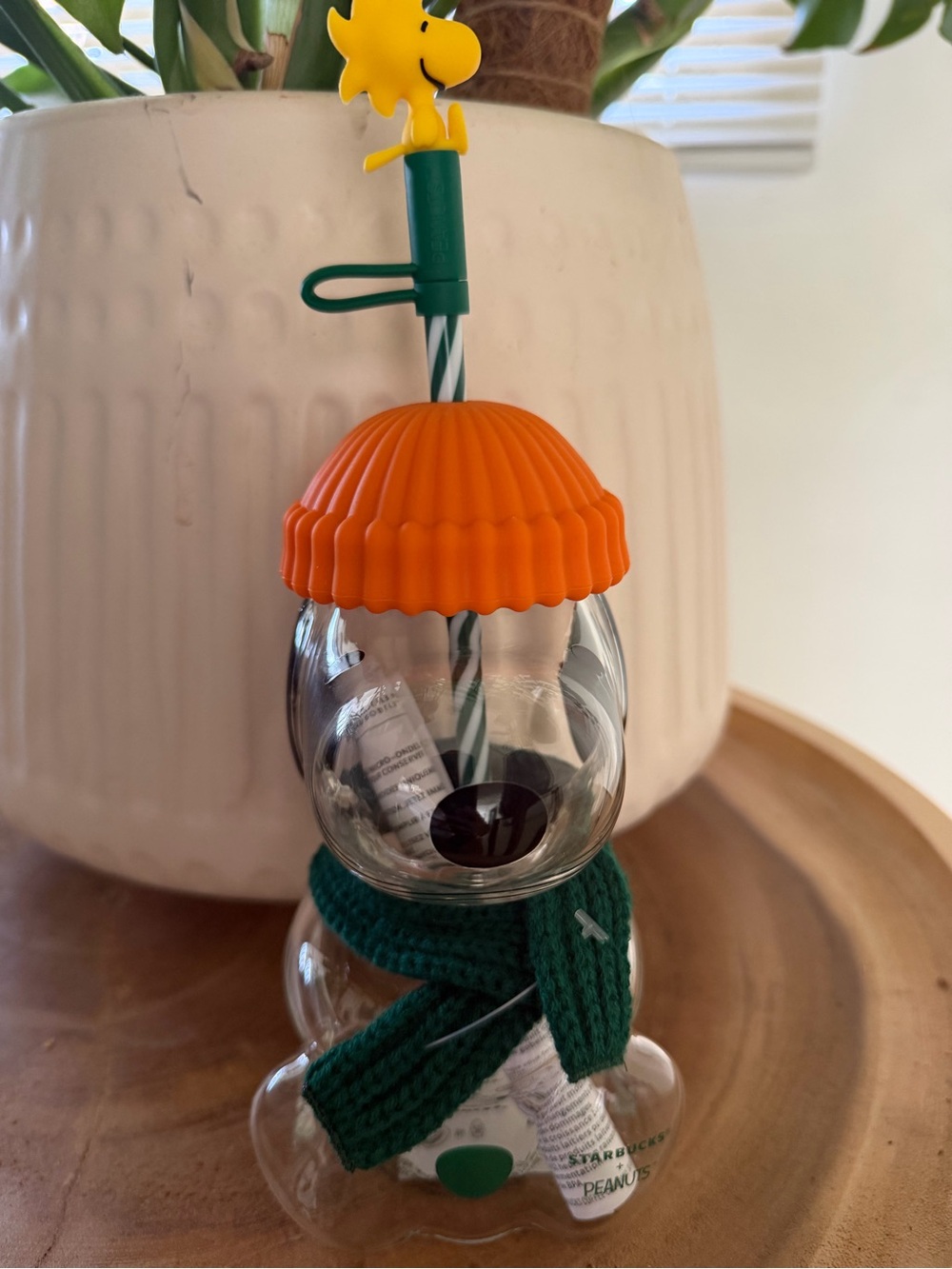 Starbucks glass snoopy Bear Tumbler with Orange Hat and Green Scarf